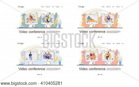 Set Of Pictures About Via Video Conference. People Communicate And Take Medication In Self-isolation