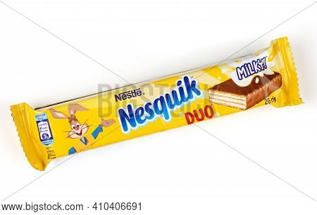 Lviv, Ukraine - February 24, 2021: Nesquik Chocolate Bar Isolate