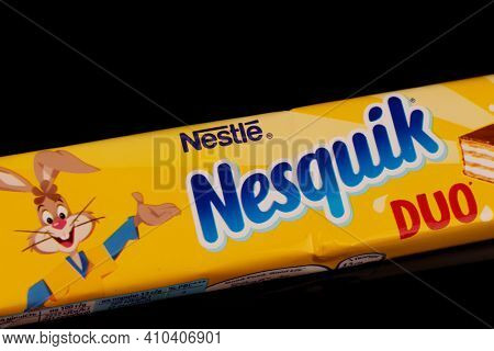 Lviv, Ukraine - February 24, 2021: Nesquik Chocolate Bar On A Black Background