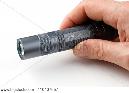 Lviv, Ukraine - February 24, 2021: Convoy S2+ Flashlight In Hand
