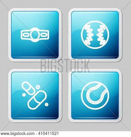 Set Line Boxing Belt, Baseball Ball, Vitamin Pill And Tennis Icon. Vector