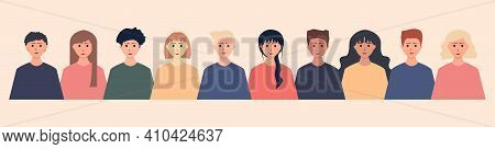 Group Of People, Young Men And Women With Different Skin Color.
