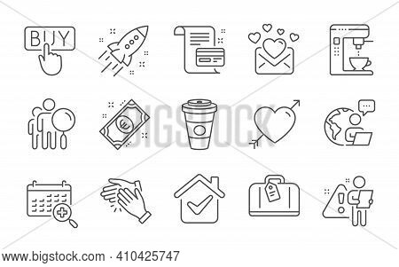 Love Mail, Hand Baggage And Takeaway Coffee Line Icons Set. Love, Startup Rocket And Euro Money Sign