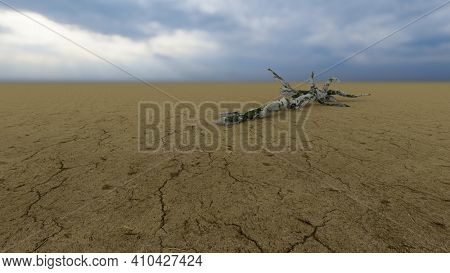 Concept or conceptual desert landscape with a parched tree trunck as a metaphor for global warming and climate change. A warning for the need to protect our environment and future 3d illustration