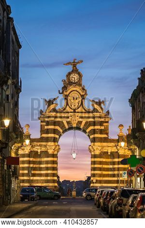 Arch Giuseppe Garibaldi in Catania at twilight, Sicily, Italy