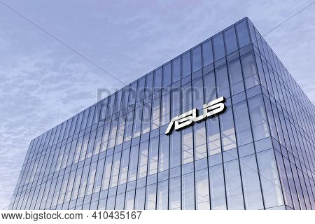 Taipei, Taiwan. February 18, 2021. Editorial Use Only, 3d Cgi. Asus Signage Logo On Top Of Glass Bui