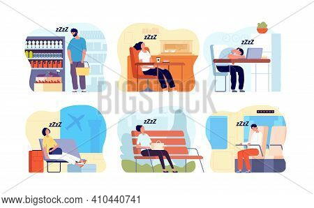 Sleepy People. Morning Woman, Public Transport Tired Passenger. Person Sleep In Store Office Cafe Bu