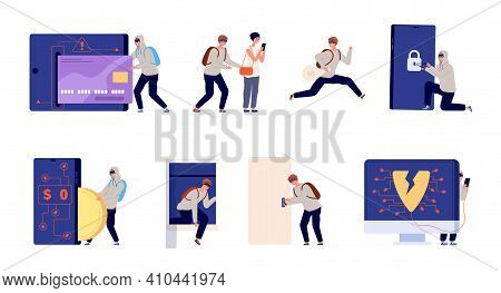 Thief And Criminal. Home Robbery, Theft Burglary Cartoon. Burglar, Cybercrime Or Hackers, Utter Data