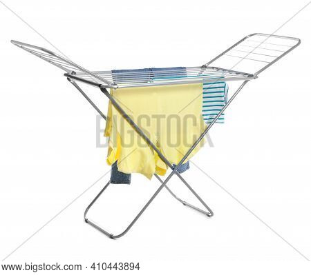 Modern Drying Rack With Clothes On White Background