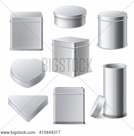 Tin Boxes. Realistic 3d Square, Cylinder And Round Metallic Containers With Lid, Tea And Cookies Gif