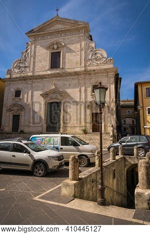 Modern Cars On Street Of  Medieval Town Of Orte In Italy.