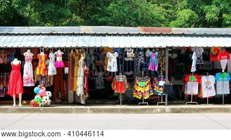 Phetchaburi, Thailand - December 30, 2018 : Clothing And Swimwear Store Is Colorful Beside The Road 