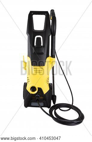High Pressure Washer With Jet Lance With Pressure Regulator For Cleaning Stubborn Dirt. White Backgr