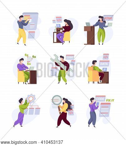 Qa. Website Quality Bugs Testing And Fixing Software Prototype Garish Vector Pictures Set. Illustrat