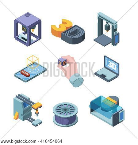3d Printing. Engineers Planning Buildings Projects 3d Modelling On Smart Printers Garish Vector Isom