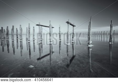 Conceptual black and white landscape - old salt indastrial lake, Ukraine