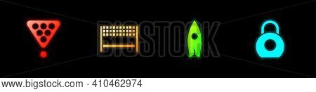 Set Billiard Balls In Rack Triangle, Ribbon Finishing Line, Surfboard And Kettlebell Icon. Vector