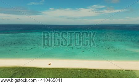 Beautiful Beach On Tropical Island Surrounded By Coral Reef, Sandy Bar With Tourists, Top View. Sand