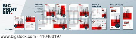 Red Corporate Identity Print Template Set Of Brochure Cover, Flyer, Tri Fold, Report, Catalog, Roll 