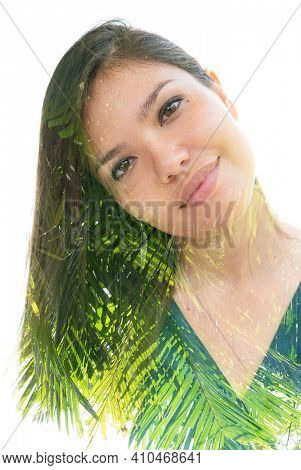 A double exposure aestetic photo portrait of an asian woman