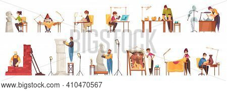 Artist Restorer Renovator Icon Set With Painstaking Work Of A Creative Person Vector Illustration