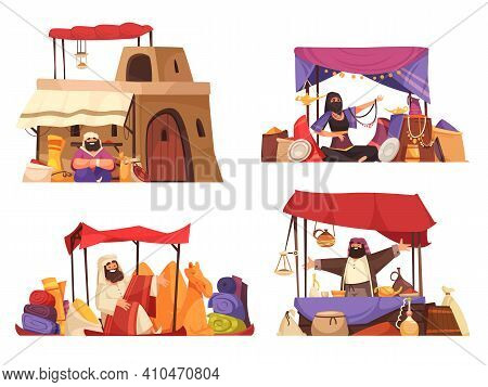 Outdoors Oriental Bazaar 2x2 Cartoon Compositions With Islamic People Selling Eastern Souvenirs Carp