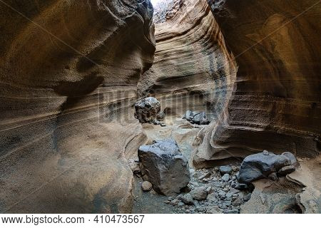 Canyon Eroded By Water And Wind On The Canary Island Of Gran Canaria Called Barranco De Las Vacas, W