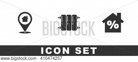 Set Location With House, Heating Radiator And House Percant Discount Icon. Vector