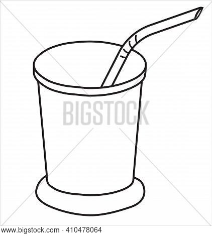Stylish Hand-drawn Doodle Cartoon Style Mint Julep Cocktail Metal Chrome Silver Mug With A Straw Vec