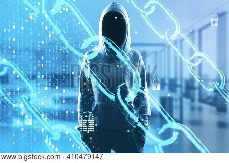 Network Security Concept With Digital Chain, Binary Code And Locks And Noface Hacker On Background. 
