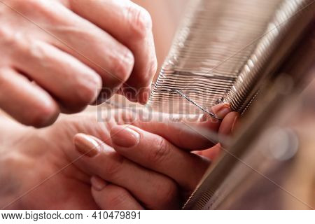 Womans Hands Working With Knitting Machine, Knitting As Womans Hobbies. Small Business Of Garment Ma