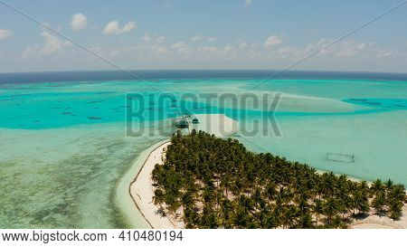 Travel Concept: Sandy Beach On A Tropical Island By Coral Reef Atoll From Above. Onok Island, Balaba