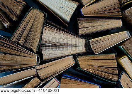 Book Background. Old Books In The Library. Bookshelf Shop. Knowledge, Publications, Literature. Book