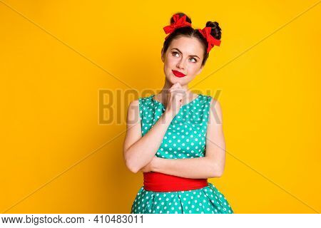 Photo Of Minded Girl Touch Hand Chin Look Copyspace Think Wear Teal Clothes Isolated Bright Color Ba
