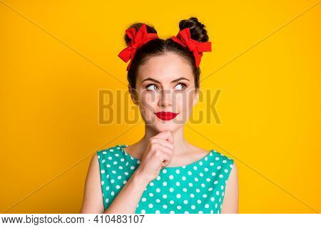 Close Up Photo Of Girl Touch Hand Chin Look Copyspace Think Wear Teal Skirt Isolated Bright Color Ba
