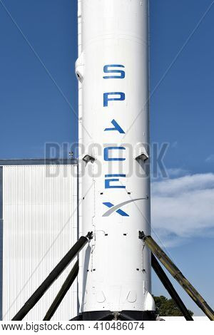 HAWTHORNE, CALIFORNIA - 17 FEB 2020: Vertical Closeup of a Falcon 9 Booster rocket at Space Exploration Technologies Corp, trading as SpaceX, a private American aerospace company.
