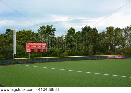 ITHACA, NEW YORK - SEPT 26, 2018: Score board and field at the Niemand-Robison Softball Field at Cornell University Campus.