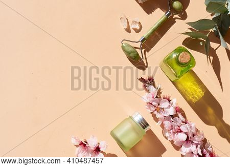 Gua Sha, Face Massage Jade Roller Made Of Natural Stone And Home Spa Set, Copy Space