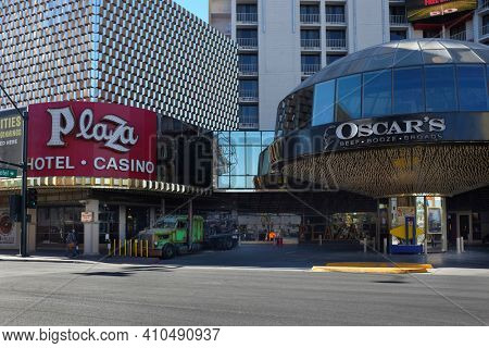 LAS VEGAS - DECEMBER 7, 2017: Plaza Hotel and Casino. Across from the Freemont Street Experience  It currently has 1,037 rooms and suites, as well as an 80,000 square foot casino.
