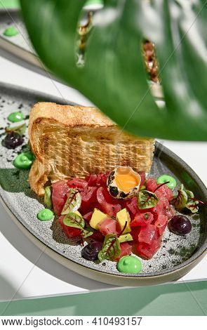 Tuna tartar with quail egg and toast bread. Raw fish tartare restaurant appetizer on white table with green wall. Day sunlight with hard shadow of monstera palm leaves. Summer or spring food concept
