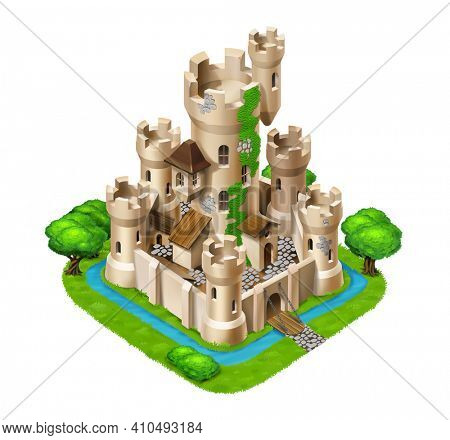 Medieval isometric 3D castle illustration adapted for use in games and large scenes of settlements and cities. Freehand illustration of an old castle surrounded by    water channel, grass and trees. 