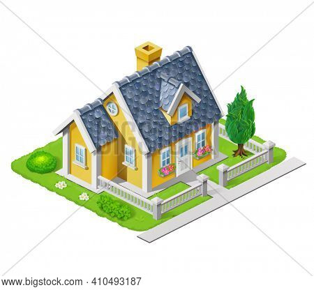 Isometric 3D house illustration adapted for use in games and large scenes of settlements and cities. Freehand illustration of an beautiful house surrounded by grass, trees and flowers. 