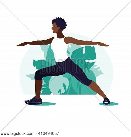 African Woman Exercising In The Park. Outdoor Sports. Healthy Lifestyle And Fitness Concept. Vector 