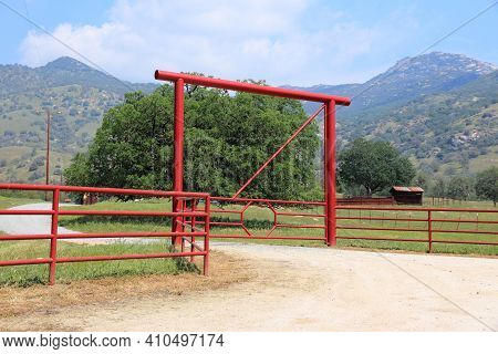 Ranch Gate In Rural California. American Countryside.