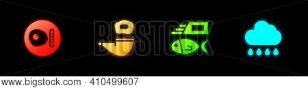 Set British Breakfast, Smoking Pipe, Fish And Chips And Cloud With Rain Icon. Vector