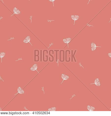 Little White Outlined Four Petals Flower And Stamens Seamless Repeating Pattern With Coral Pink Back