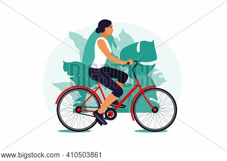 Woman On A Bike In The Park. Healthy Lifestyle Concept. Sport Training. Fitness. Vector Illustration