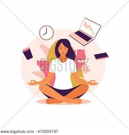 Business Woman Practicing Meditation And Yoga With Office Icons On The Background. Time Management C