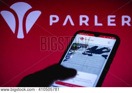 March 1, 2021, Brazil. In This Photo Illustration The Parler Website Seen Displayed On A Smartphone 