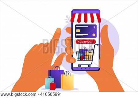 Women Shopping Online On Mobile Phone. Concept Of Online Shopping, Online Store Payment. Bank Credit
